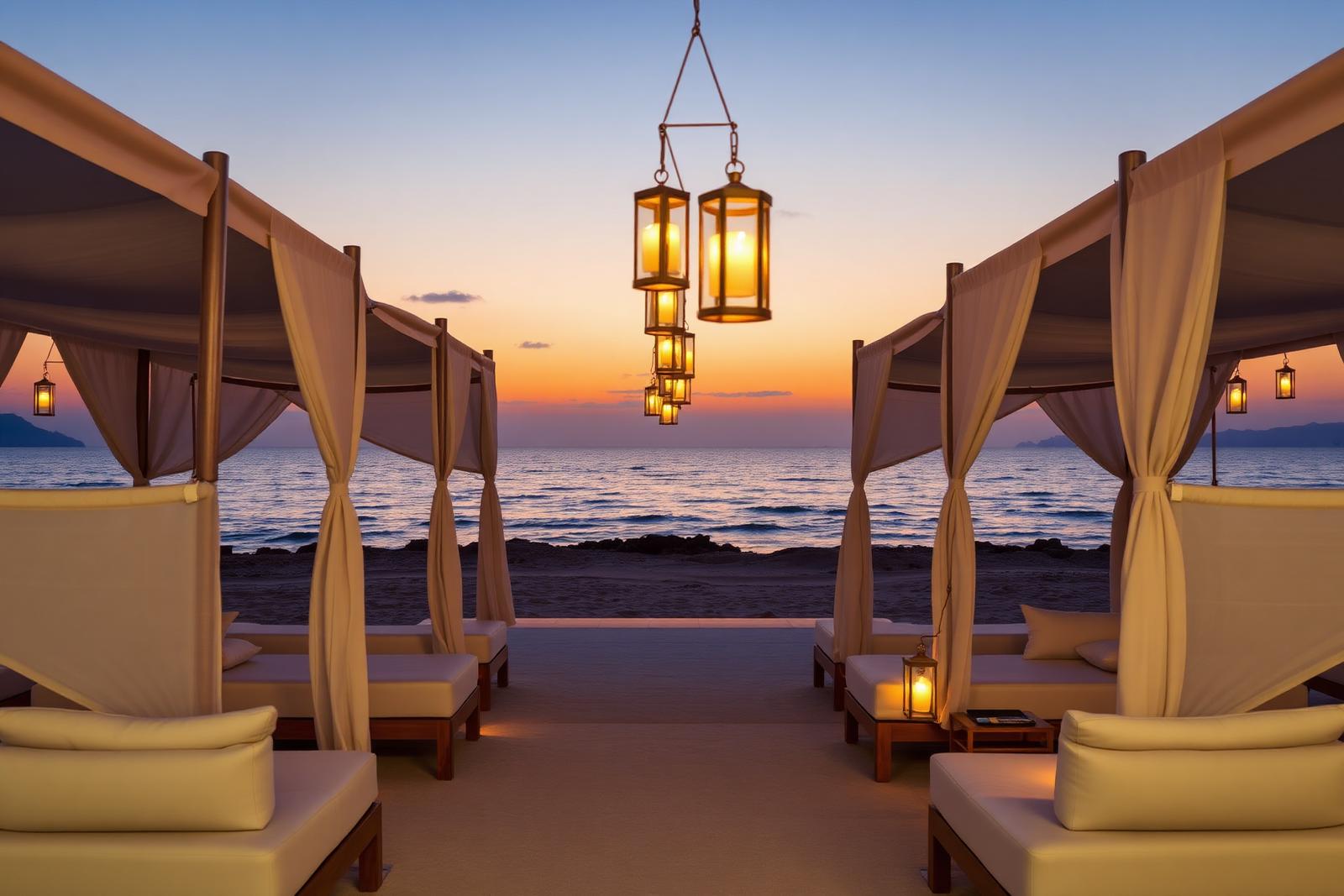 Private beach cabanas at sunset