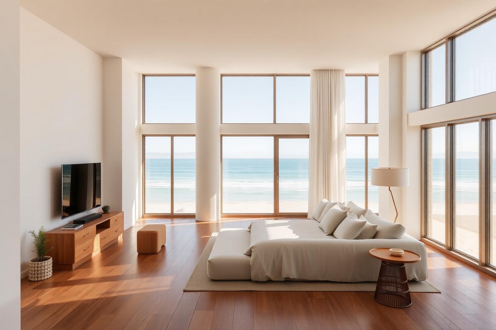 One-bedroom oceanfront loft interior with floor-to-ceiling windows